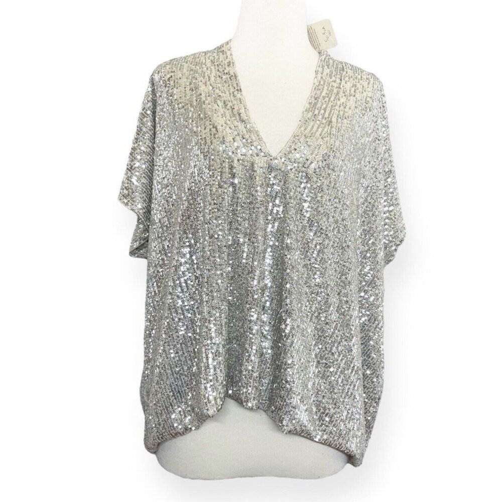 NEW Sofia Collections Sequined Dolman Top Womens S M Silver V Neck Made in Italy